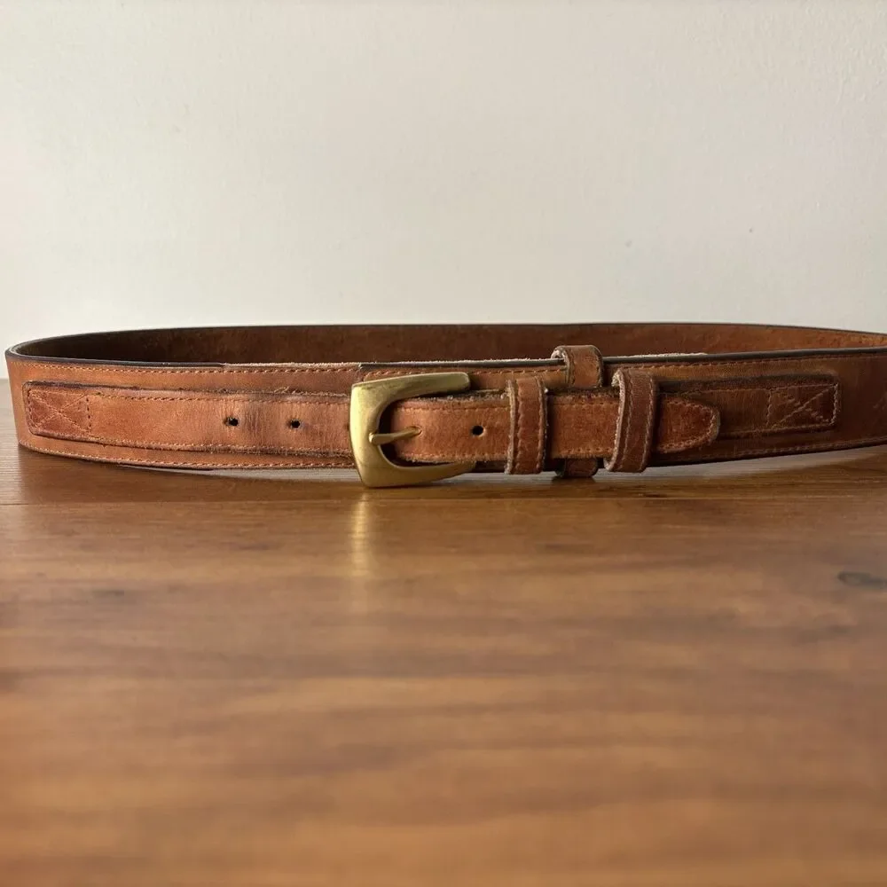 VTG Cabela's Leather Ranger Belt Sz 38 Leather Smooth Brown Brass Buckle Classic